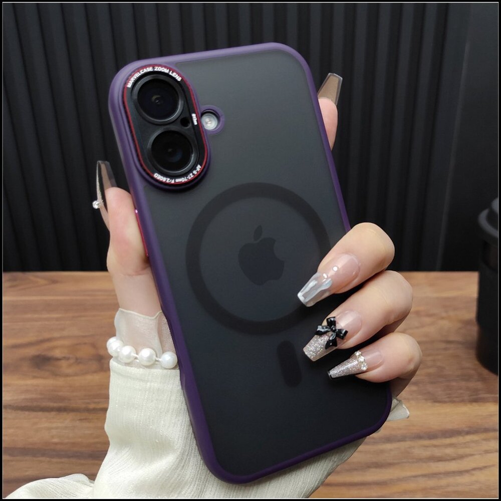 Purple Frosted MagSafe Case with Red Accent Camera Bumpers